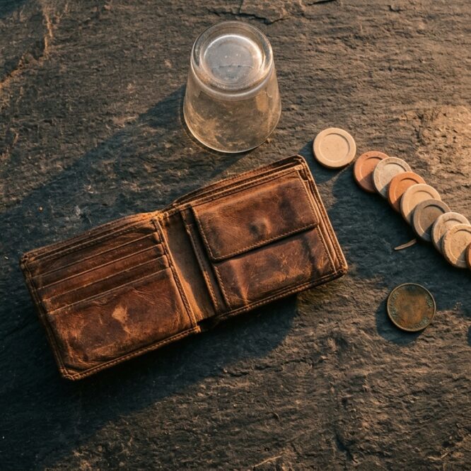 Dompet kosong di sebelah ponsel pintar di atas meja kayu